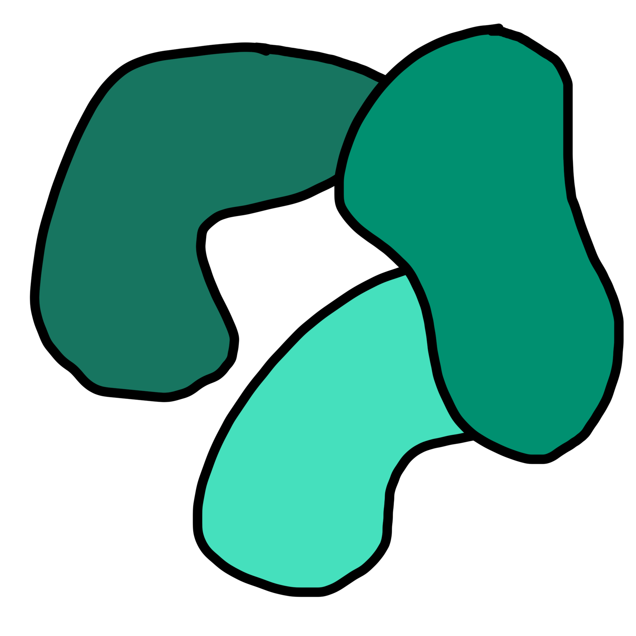 A drawing of three blobs in different shades of teal